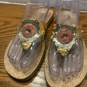 Kenneth Cole Reaction Gold Sequin Thong Sandals size 7 testable, shiny vacation